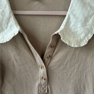 Pilcro Beige Button Down Shirt with White Collar